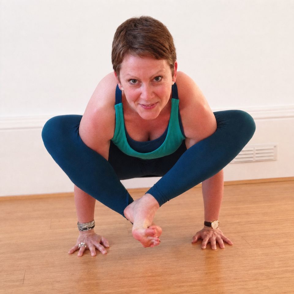 Jennifer Ellis smiling during her yoga practice